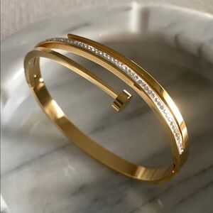 Gold Stainless Steel Nail Bangle Bracelet with Crystals